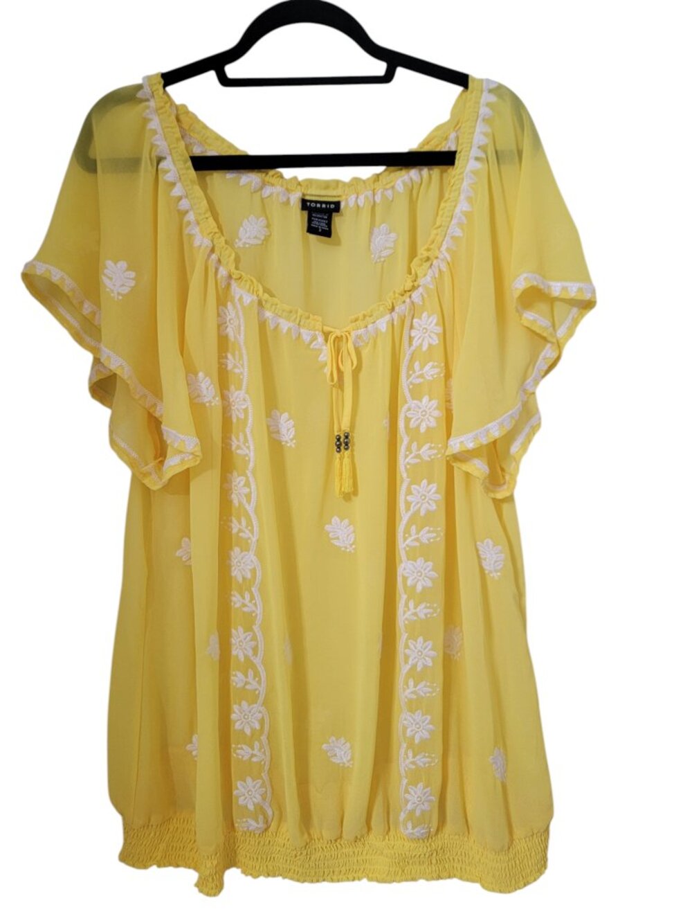 Torrid Size 3 (3X) Bright Yellow with White Embroidery Smocked Chiffon Blouse